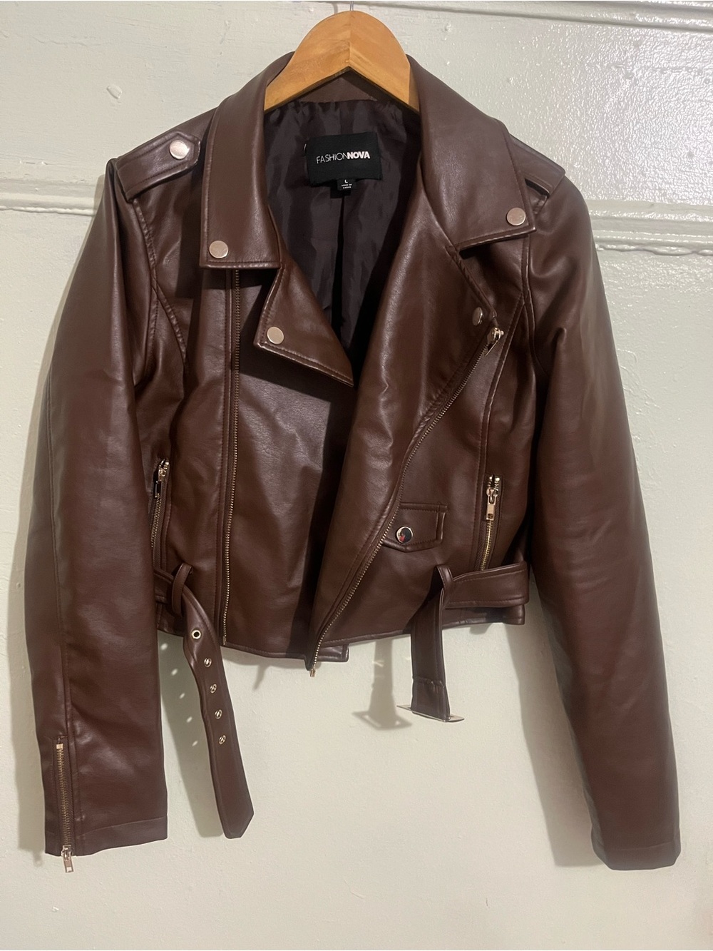 Fashion Nova Women's Brown Faux Leather Moto Jacket